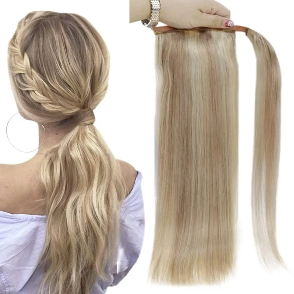 Full Shine Ponytail Extension Highlighted Bleach Blonde Ponytail Human Hair Clip in Ponytail Hair Extensions - Image 10