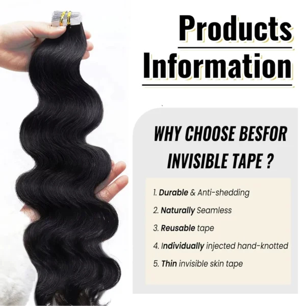 Body Wave Human Hair Tape in Extensions Wavy Black Tape in Extensions Brazilian 100% Human Hair Tape Ins Natural Black 20Pcs/50G - Image 2