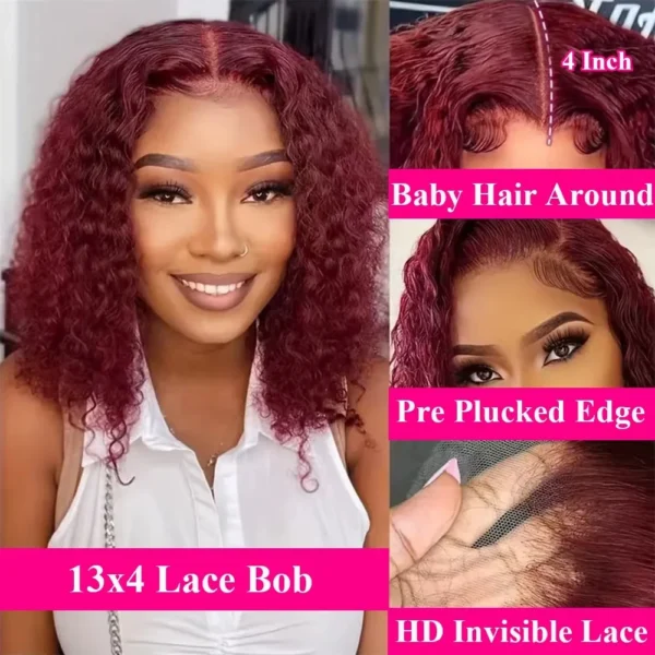 13x4 Lace Frontal Wig Short Bob Kinky Curly Wig Brazilian 99J Deep Water Wave Bob Burgundy Lace Front Wigs Bob 100% Human Hair - Image 2