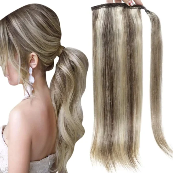 Full Shine Ponytail Extension Highlighted Bleach Blonde Ponytail Human Hair Clip in Ponytail Hair Extensions - Image 8
