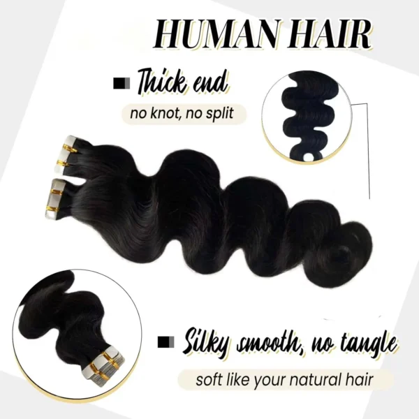 Body Wave Human Hair Tape in Extensions Wavy Black Tape in Extensions Brazilian 100% Human Hair Tape Ins Natural Black 20Pcs/50G - Image 4