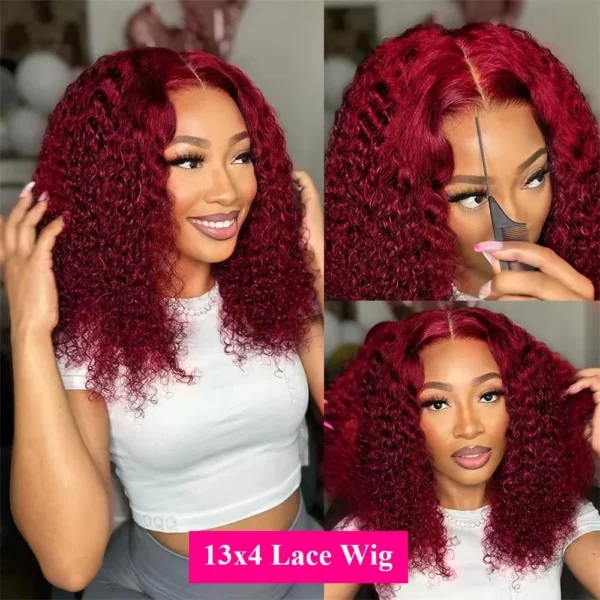 13x4 Lace Frontal Wig Short Bob Kinky Curly Wig Brazilian 99J Deep Water Wave Bob Burgundy Lace Front Wigs Bob 100% Human Hair - Image 4