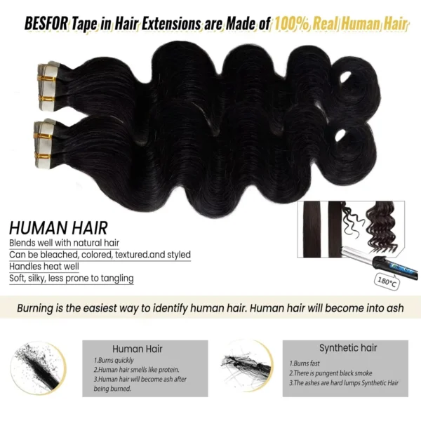 Body Wave Human Hair Tape in Extensions Wavy Black Tape in Extensions Brazilian 100% Human Hair Tape Ins Natural Black 20Pcs/50G - Image 5