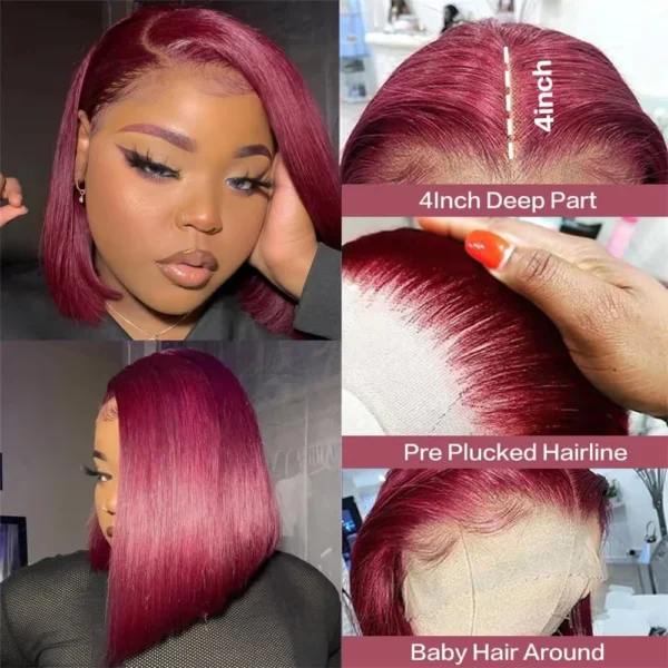 99J Burgundy Human Hair Wig Bob13x4 Straight Lace Frontal 100% Human Hair Brazilian Short Bob Wigs for Women Wine Red Lace Front - Image 2