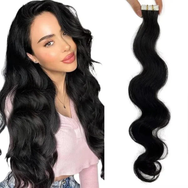 Body Wave Human Hair Tape in Extensions Wavy Black Tape in Extensions Brazilian 100% Human Hair Tape Ins Natural Black 20Pcs/50G