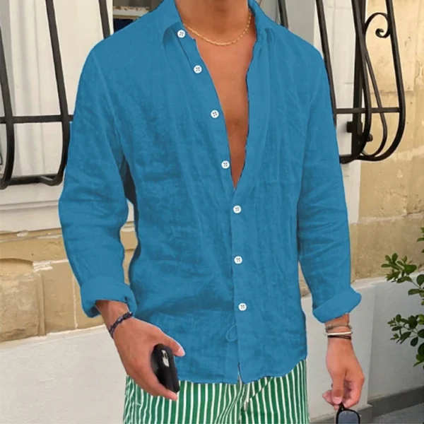 Vintage Turn-down Collar Button-up Shirts For Men Spring Autumn Casual Solid Color Linen Shirt Tops Mens Clothes Beach Cardigans - Image 2