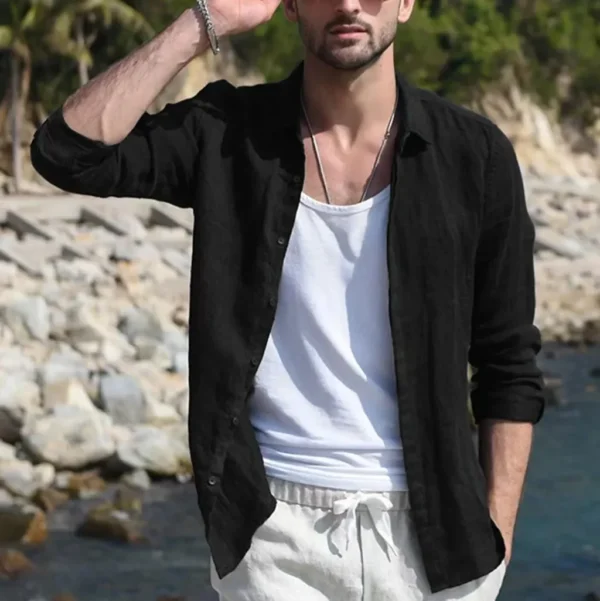 Men Summer New Solid Linen  Long Sleeve Casual Shirt Single Breasted Collar Cotton Linen Lapel Tops Simplicity Long Sleeve Shirt - Image 12