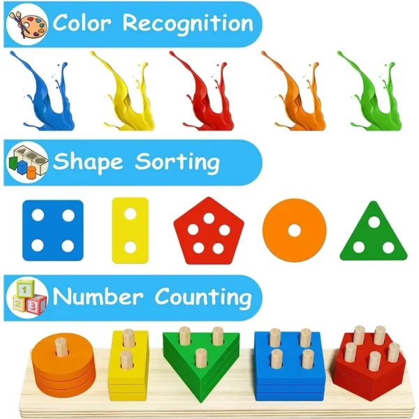 Montessori teaching aids wooden geometric shape columns five sets children cognitive building blocks matching educational toys - Image 10