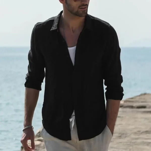 Men Summer New Solid Linen  Long Sleeve Casual Shirt Single Breasted Collar Cotton Linen Lapel Tops Simplicity Long Sleeve Shirt - Image 2