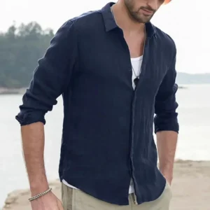 Men Summer New Solid Linen  Long Sleeve Casual Shirt Single Breasted Collar Cotton Linen Lapel Tops Simplicity Long Sleeve Shirt