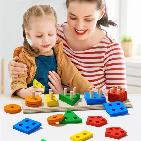 Montessori teaching aids wooden geometric shape columns five sets children cognitive building blocks matching educational toys - Image 12