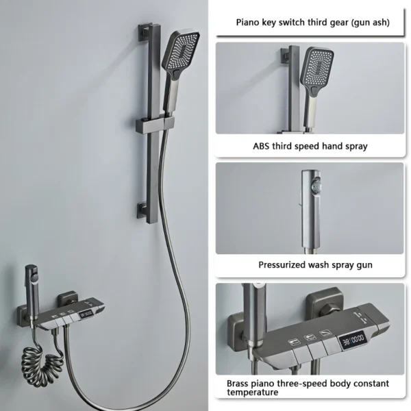 New Design Gun Grey Bathroom Shower System Set Piano Keys Brass LED Digital Shower Faucet Bath Hot and Cold Mixer Shower Tap Set - Image 10