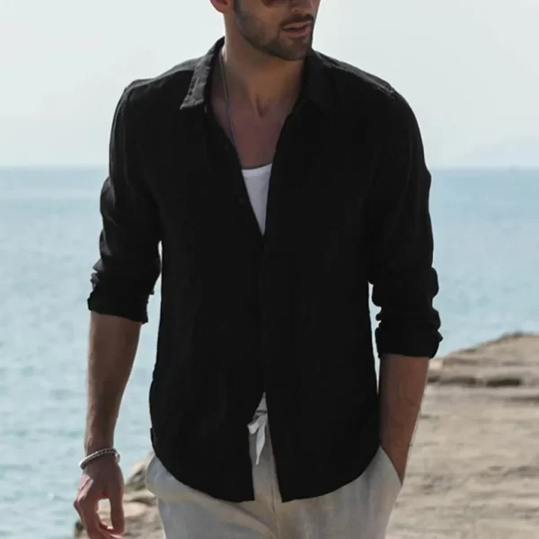 Men Summer New Solid Linen  Long Sleeve Casual Shirt Single Breasted Collar Cotton Linen Lapel Tops Simplicity Long Sleeve Shirt - Image 14