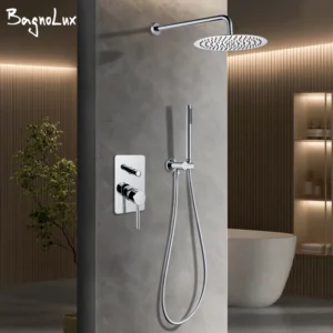 8-16” Rainfall Shower Faucet Solid Brass Full Set With Handheld, Square Plate Style Bathroom Shower Mixer System Wall Mounted