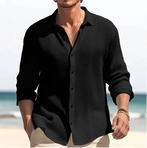 Men's Long-sleeved Shirt Waffle Spring Button Casual Fashion Black Top Street Cardigan 2025 New Blouses for Male - Image 5