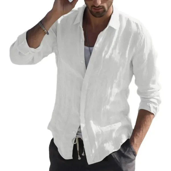Men Summer New Solid Linen  Long Sleeve Casual Shirt Single Breasted Collar Cotton Linen Lapel Tops Simplicity Long Sleeve Shirt - Image 4