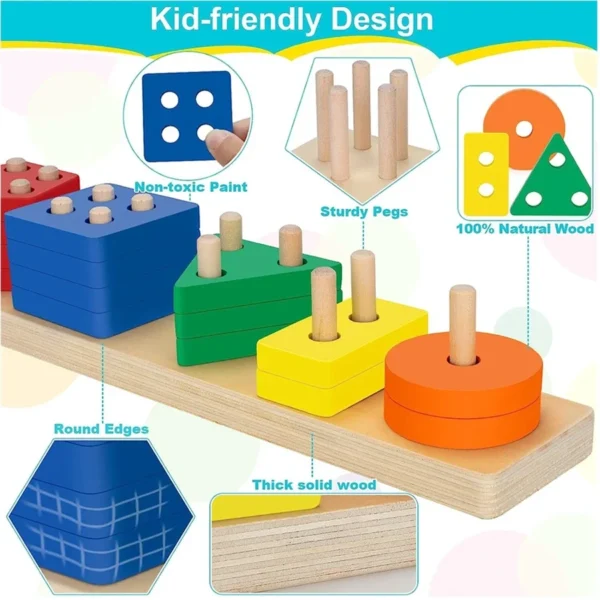 Montessori teaching aids wooden geometric shape columns five sets children cognitive building blocks matching educational toys - Image 17
