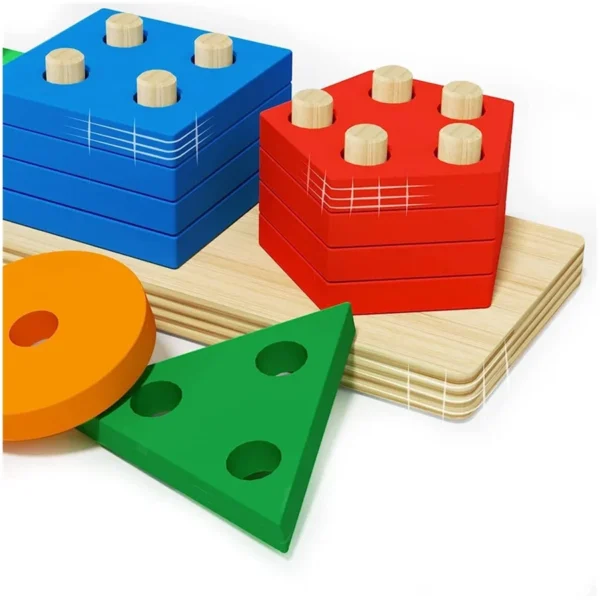 Montessori teaching aids wooden geometric shape columns five sets children cognitive building blocks matching educational toys - Image 14