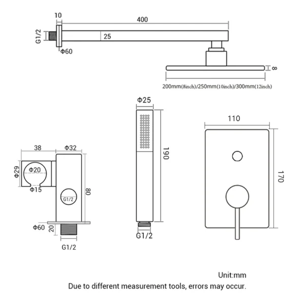 8-16” Rainfall Shower Faucet Solid Brass Full Set With Handheld, Square Plate Style Bathroom Shower Mixer System Wall Mounted - Image 3