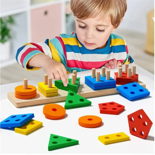 Montessori teaching aids wooden geometric shape columns five sets children cognitive building blocks matching educational toys - Image 2
