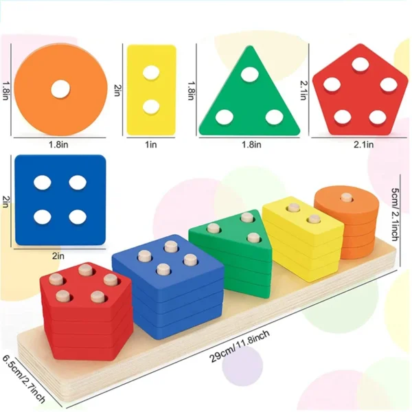 Montessori teaching aids wooden geometric shape columns five sets children cognitive building blocks matching educational toys - Image 16