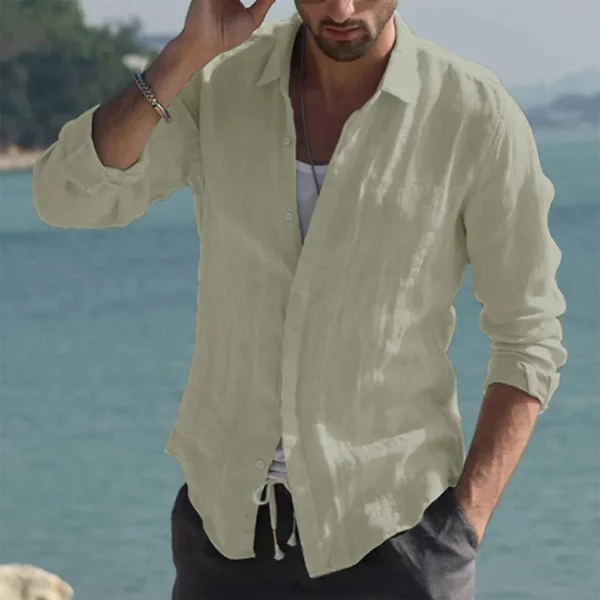 Summer Men's Solid Fashion Versatile Shirt Beach Cotton Linen Shirts Men Long Sleeved Cardigan Tops Turn Down Collar Slim Fit - Image 10