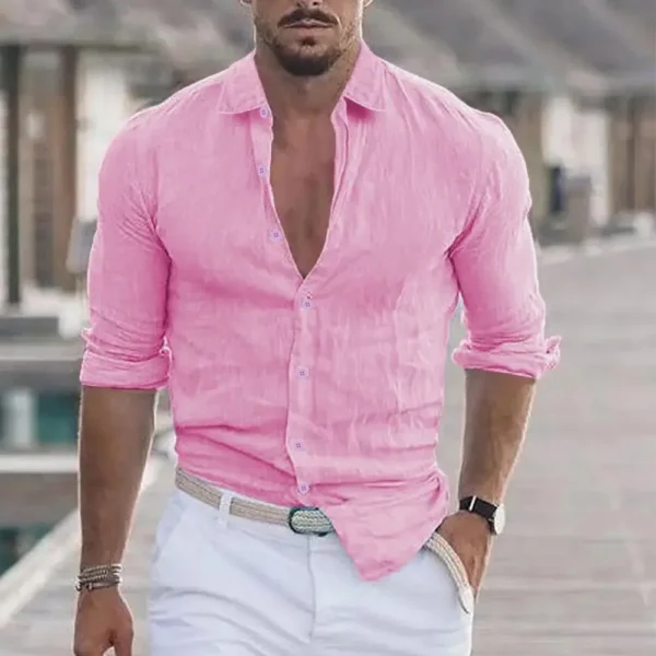 New Men's Shirt Cotton linen Casual Polo Neck Beach Shirt Long Sleeve Solid Hawaiian Holiday Shirts Streetwear - Image 8