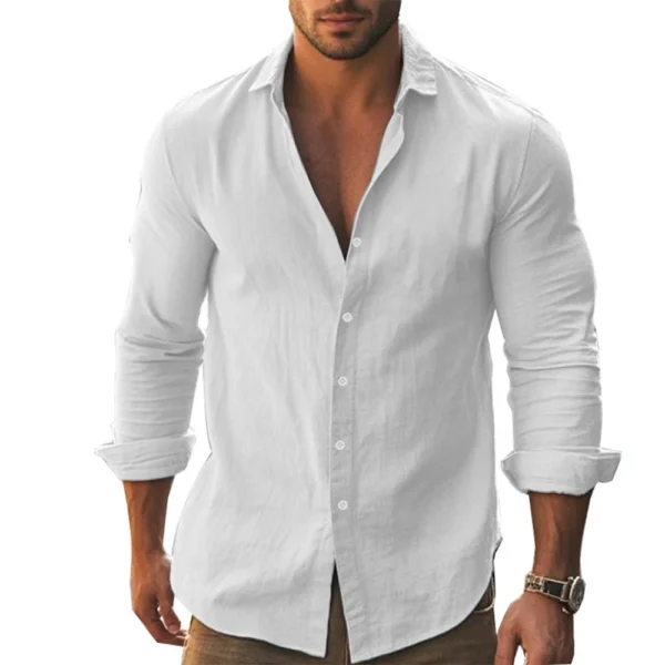 Shirt Men Cotton Linen Hawaiian Shirts Long Sleeve Placket Button Down Tops Breathable Spring Summer Men's Shirt - Image 2