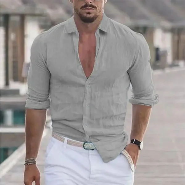 New Men's Shirt Cotton linen Casual Polo Neck Beach Shirt Long Sleeve Solid Hawaiian Holiday Shirts Streetwear - Image 10