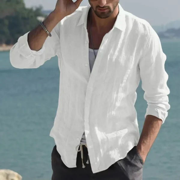 Men Summer New Solid Linen  Long Sleeve Casual Shirt Single Breasted Collar Cotton Linen Lapel Tops Simplicity Long Sleeve Shirt - Image 13