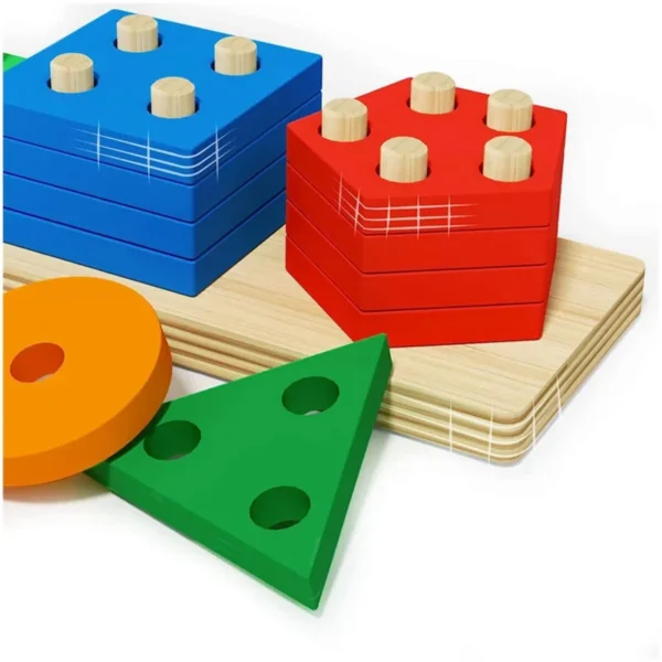 Montessori teaching aids wooden geometric shape columns five sets children cognitive building blocks matching educational toys - Image 4