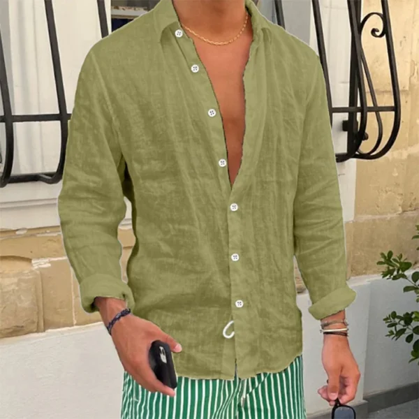 Vintage Turn-down Collar Button-up Shirts For Men Spring Autumn Casual Solid Color Linen Shirt Tops Mens Clothes Beach Cardigans - Image 7