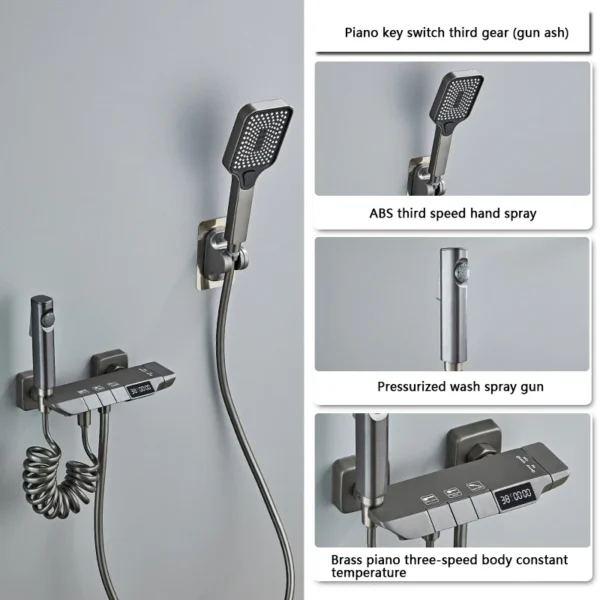 New Design Gun Grey Bathroom Shower System Set Piano Keys Brass LED Digital Shower Faucet Bath Hot and Cold Mixer Shower Tap Set - Image 15