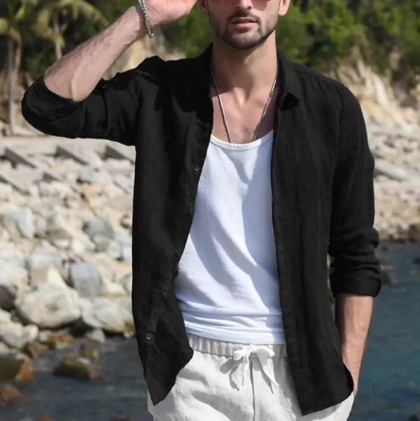 Men Summer New Solid Linen  Long Sleeve Casual Shirt Single Breasted Collar Cotton Linen Lapel Tops Simplicity Long Sleeve Shirt - Image 12