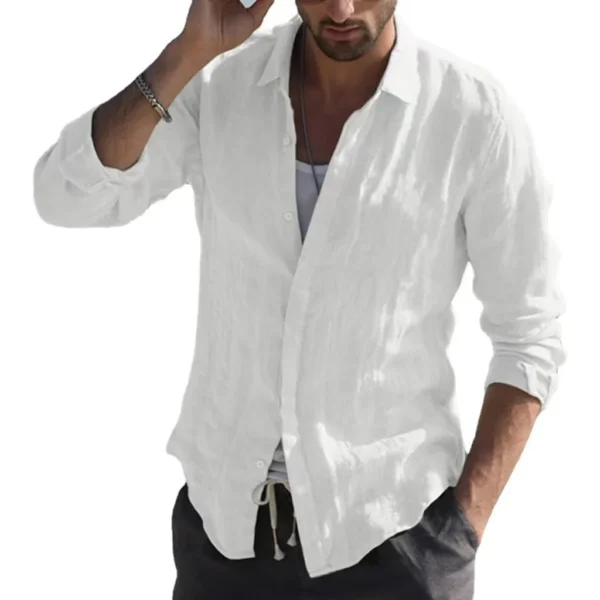 Men Summer New Solid Linen  Long Sleeve Casual Shirt Single Breasted Collar Cotton Linen Lapel Tops Simplicity Long Sleeve Shirt - Image 16