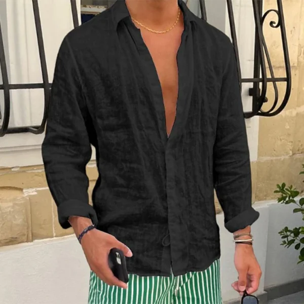 Vintage Turn-down Collar Button-up Shirts For Men Spring Autumn Casual Solid Color Linen Shirt Tops Mens Clothes Beach Cardigans - Image 12