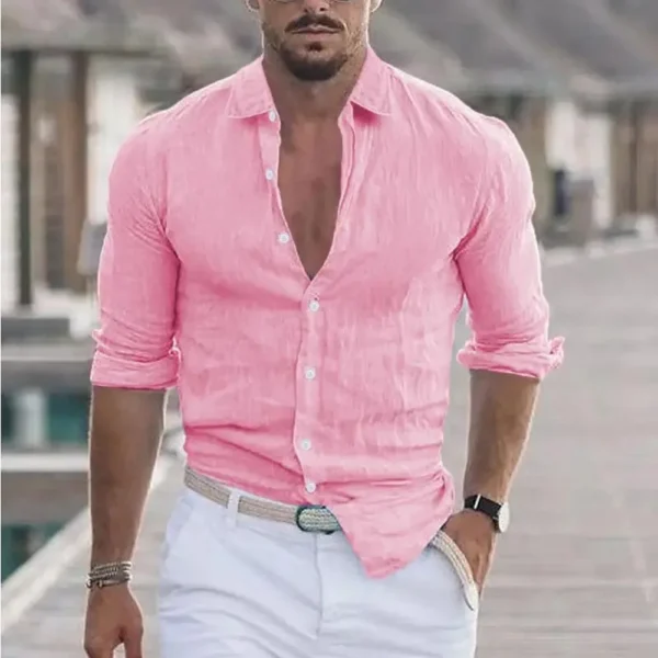 New Men's Shirt Cotton linen Casual Polo Neck Beach Shirt Long Sleeve Solid Hawaiian Holiday Shirts Streetwear - Image 5