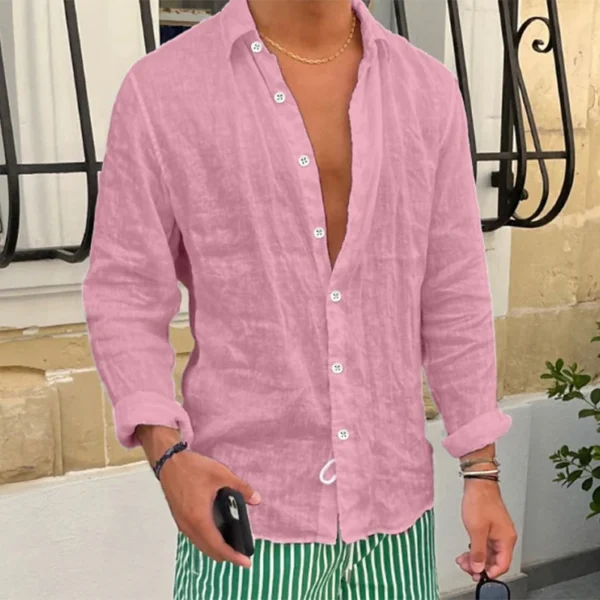 Vintage Turn-down Collar Button-up Shirts For Men Spring Autumn Casual Solid Color Linen Shirt Tops Mens Clothes Beach Cardigans - Image 4