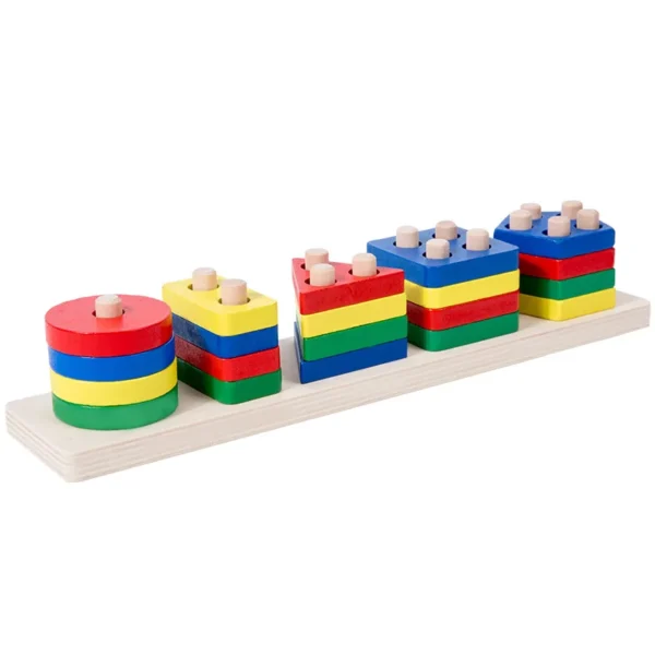 Montessori teaching aids wooden geometric shape columns five sets children cognitive building blocks matching educational toys - Image 8