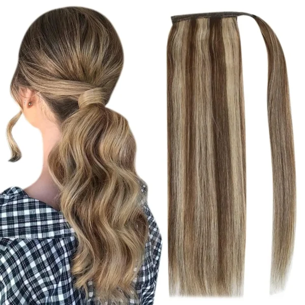 Full Shine Ponytail Extension Highlighted Bleach Blonde Ponytail Human Hair Clip in Ponytail Hair Extensions - Image 7