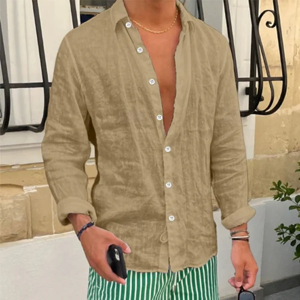 Vintage Turn-down Collar Button-up Shirts For Men Spring Autumn Casual Solid Color Linen Shirt Tops Mens Clothes Beach Cardigans - Image 5