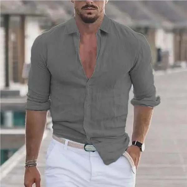 New Men's Shirt Cotton linen Casual Polo Neck Beach Shirt Long Sleeve Solid Hawaiian Holiday Shirts Streetwear - Image 3
