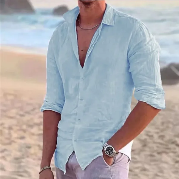 New Men's Shirt Cotton linen Casual Polo Neck Beach Shirt Long Sleeve Solid Hawaiian Holiday Shirts Streetwear - Image 2