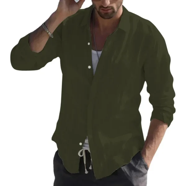 Men Summer New Solid Linen  Long Sleeve Casual Shirt Single Breasted Collar Cotton Linen Lapel Tops Simplicity Long Sleeve Shirt - Image 9