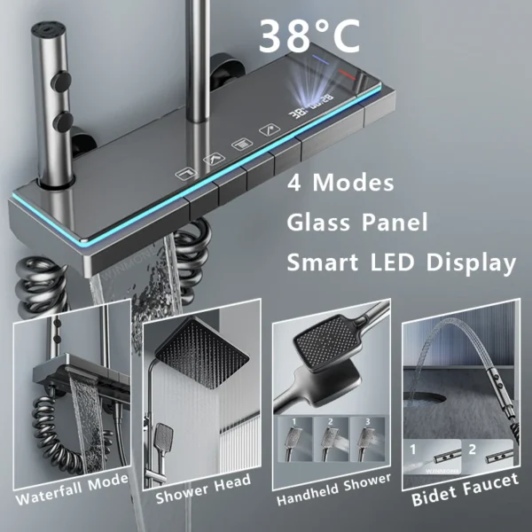 Matte Gray Rainfall Shower System Set Digital Display Smart Bathroom Faucet Bathtub Hot Cold Waterfall Mixer Tap Shower Full Set - Image 12