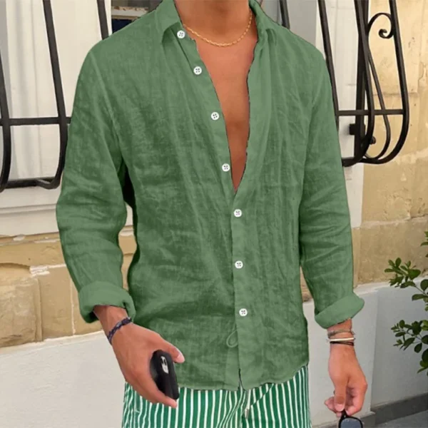Vintage Turn-down Collar Button-up Shirts For Men Spring Autumn Casual Solid Color Linen Shirt Tops Mens Clothes Beach Cardigans - Image 8