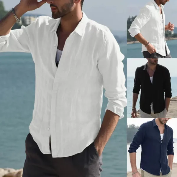 Men Summer New Solid Linen  Long Sleeve Casual Shirt Single Breasted Collar Cotton Linen Lapel Tops Simplicity Long Sleeve Shirt - Image 11