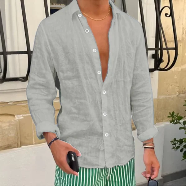 Vintage Turn-down Collar Button-up Shirts For Men Spring Autumn Casual Solid Color Linen Shirt Tops Mens Clothes Beach Cardigans - Image 9