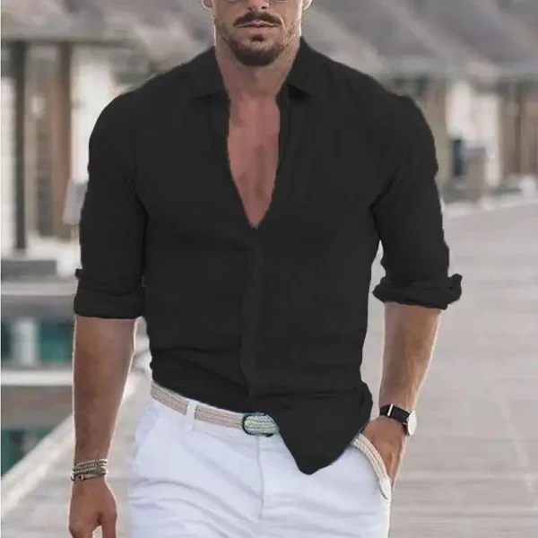 New Men's Shirt Cotton linen Casual Polo Neck Beach Shirt Long Sleeve Solid Hawaiian Holiday Shirts Streetwear - Image 7