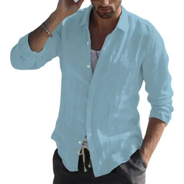 Men Summer New Solid Linen  Long Sleeve Casual Shirt Single Breasted Collar Cotton Linen Lapel Tops Simplicity Long Sleeve Shirt - Image 6